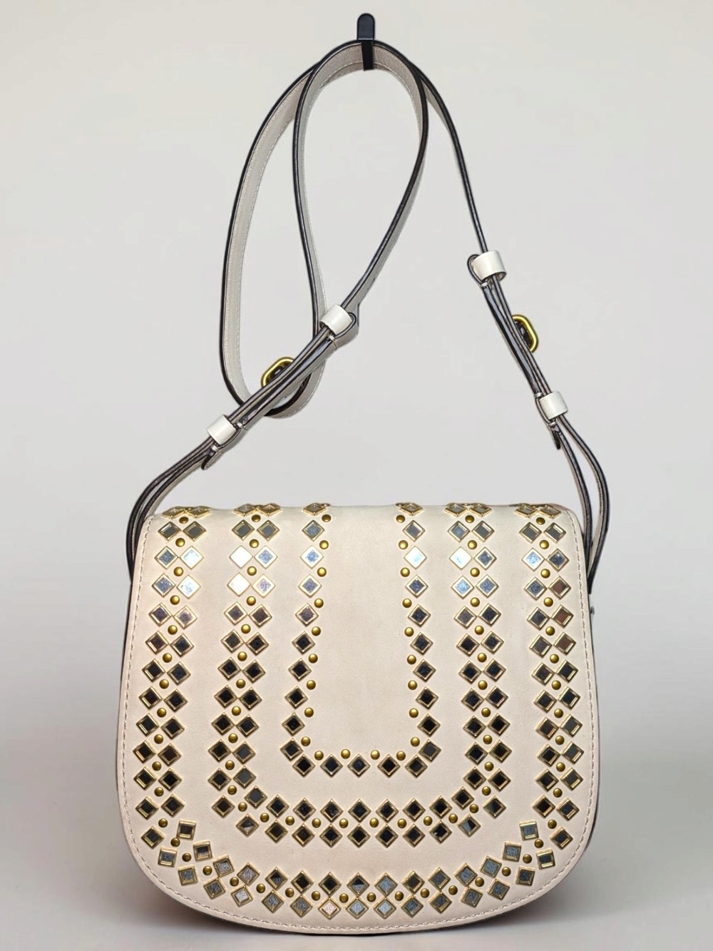 Tory Burch Mirror Tile-Embellished White Leather & Suede Saddle Bag